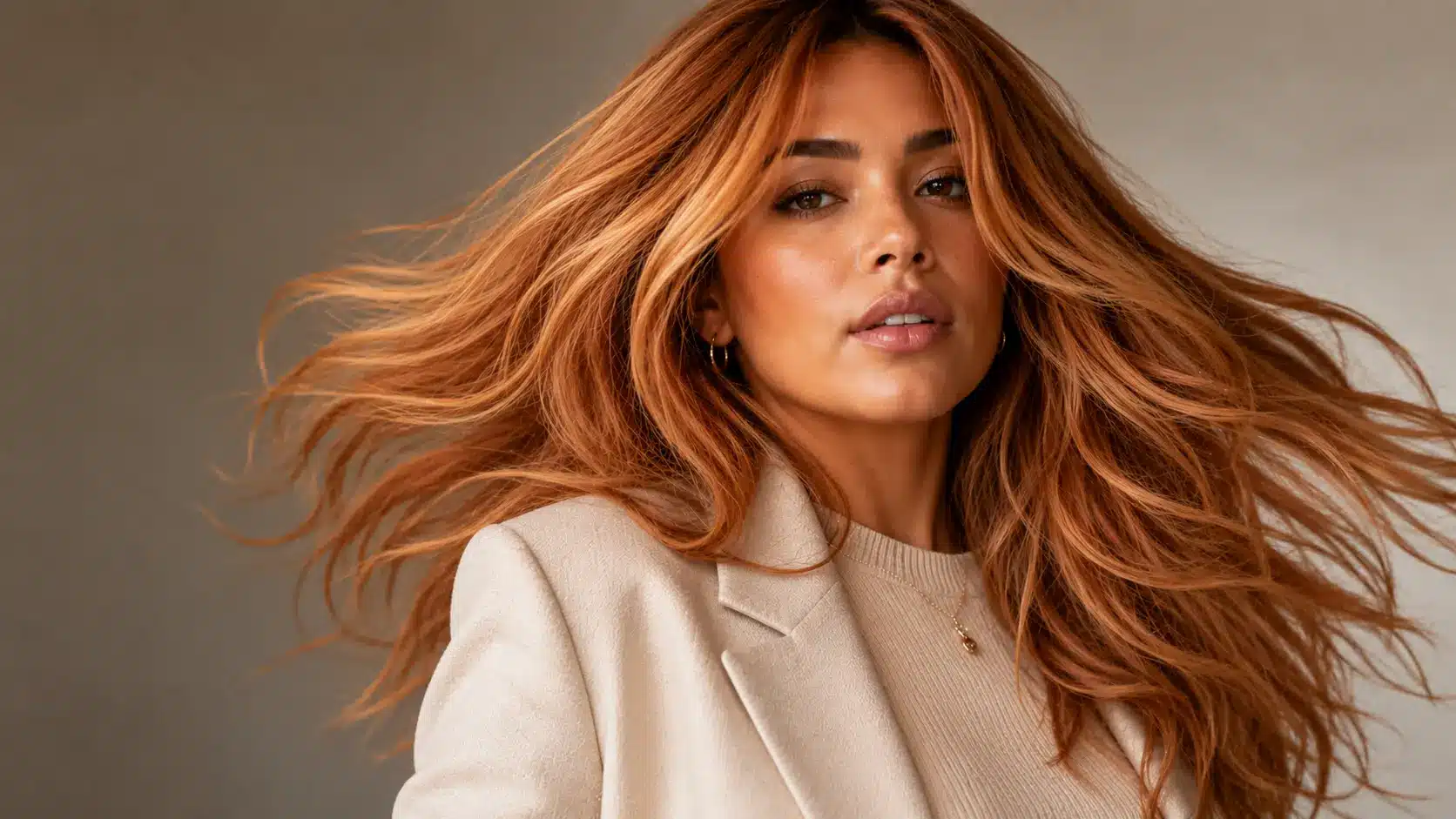 Layered strawberry blonde hair with flowing movement