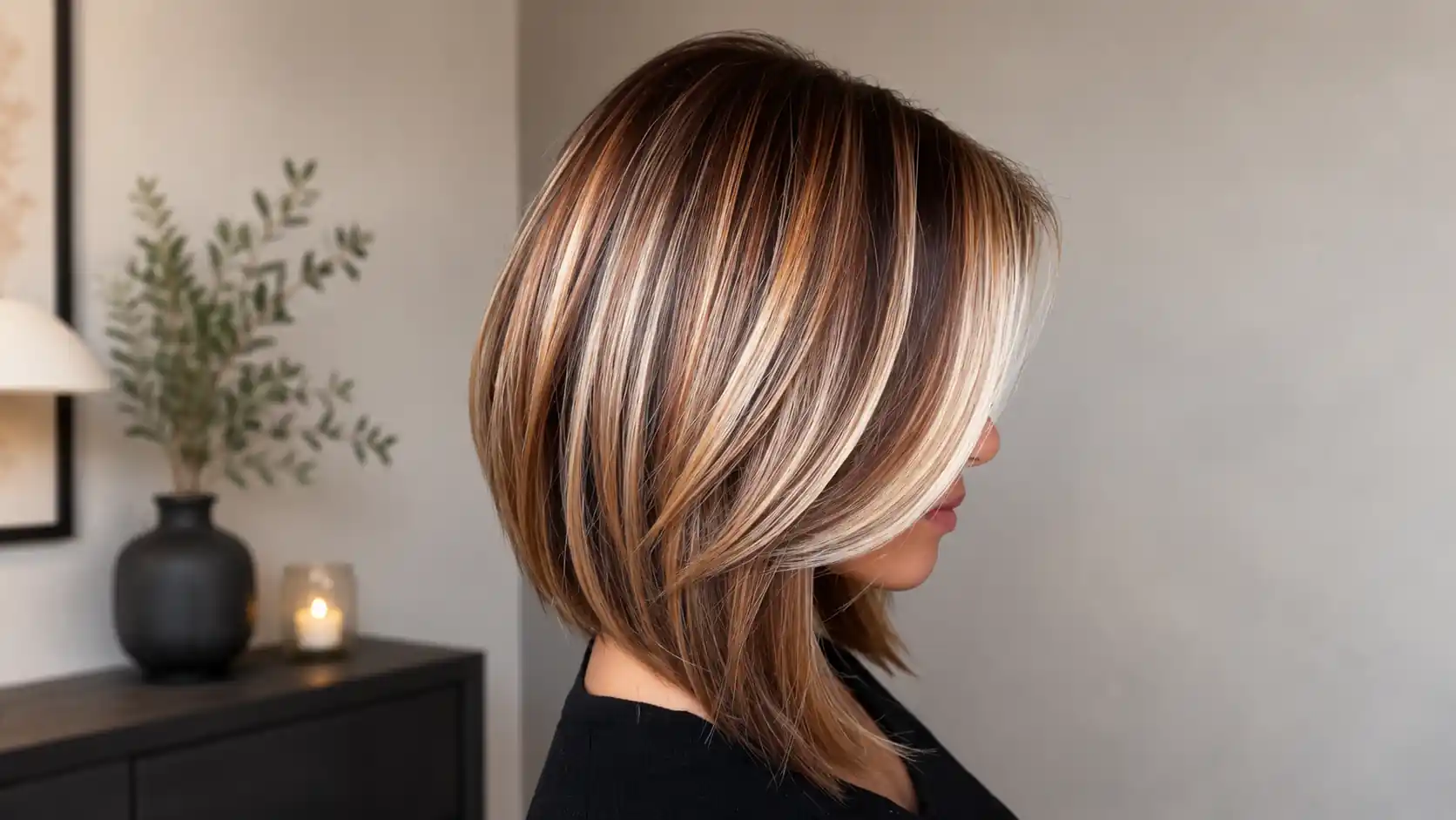 Black hair with mid-length light chestnut highlights, rich brown undertones.