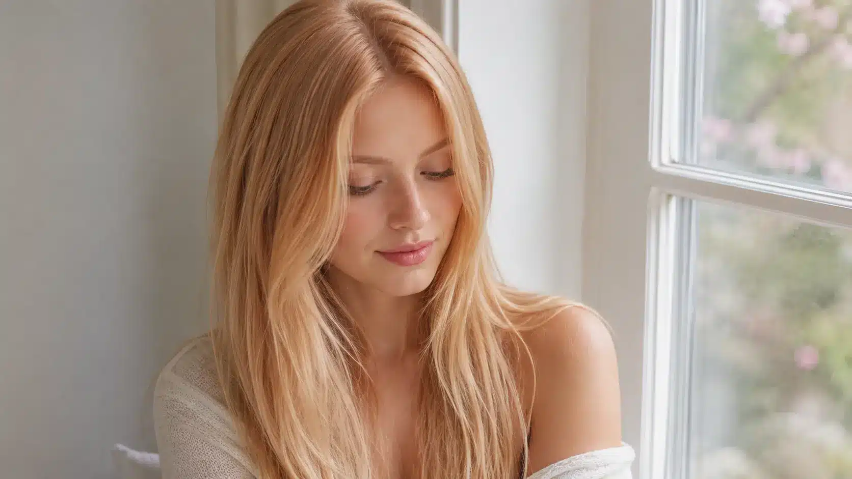 Light strawberry blonde hair with subtle pink-red highlights