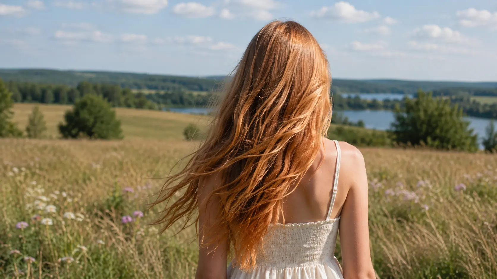 Long strawberry blonde hair with bright highlights from the back