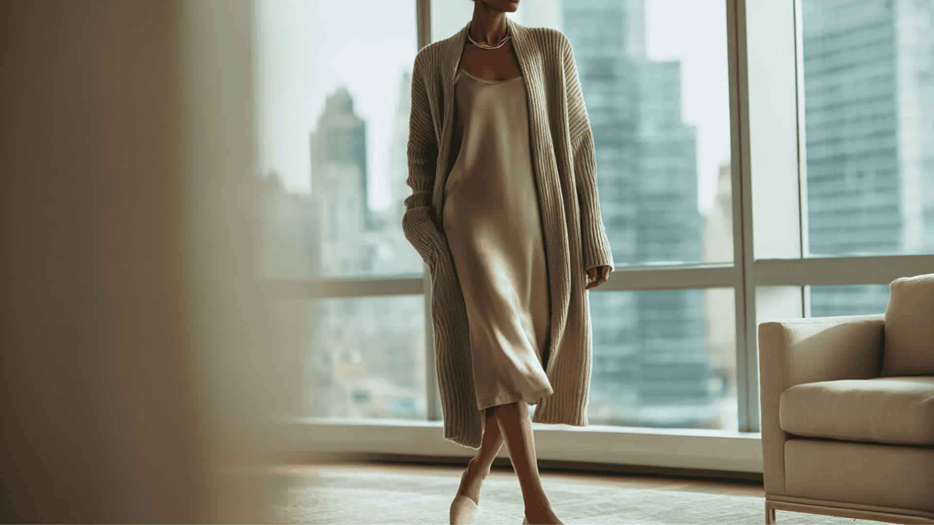 Beige long cardigan over slip dress