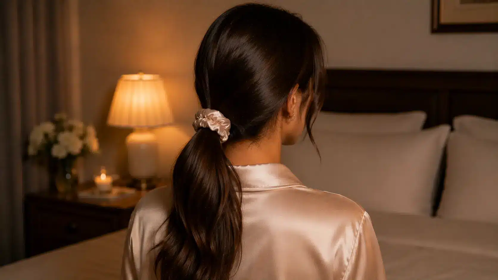 Low ponytail with a satin scrunchie for sleeping comfortably