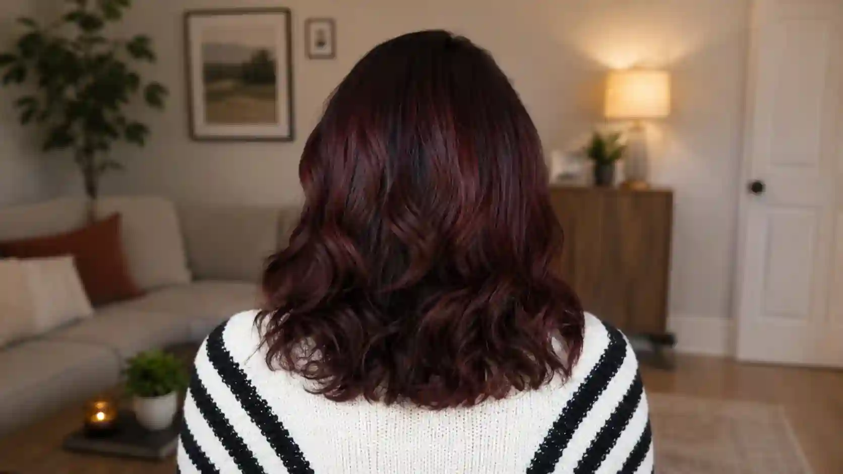 Rear view of shoulder-length wavy black hair with rich Mahogany Strands, glossy dimension, and soft movement in a cozy home interior.