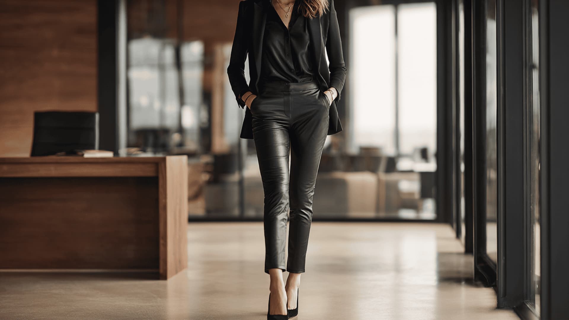 Woman in black leather-look trousers and a tailored blazer with hands in pockets
