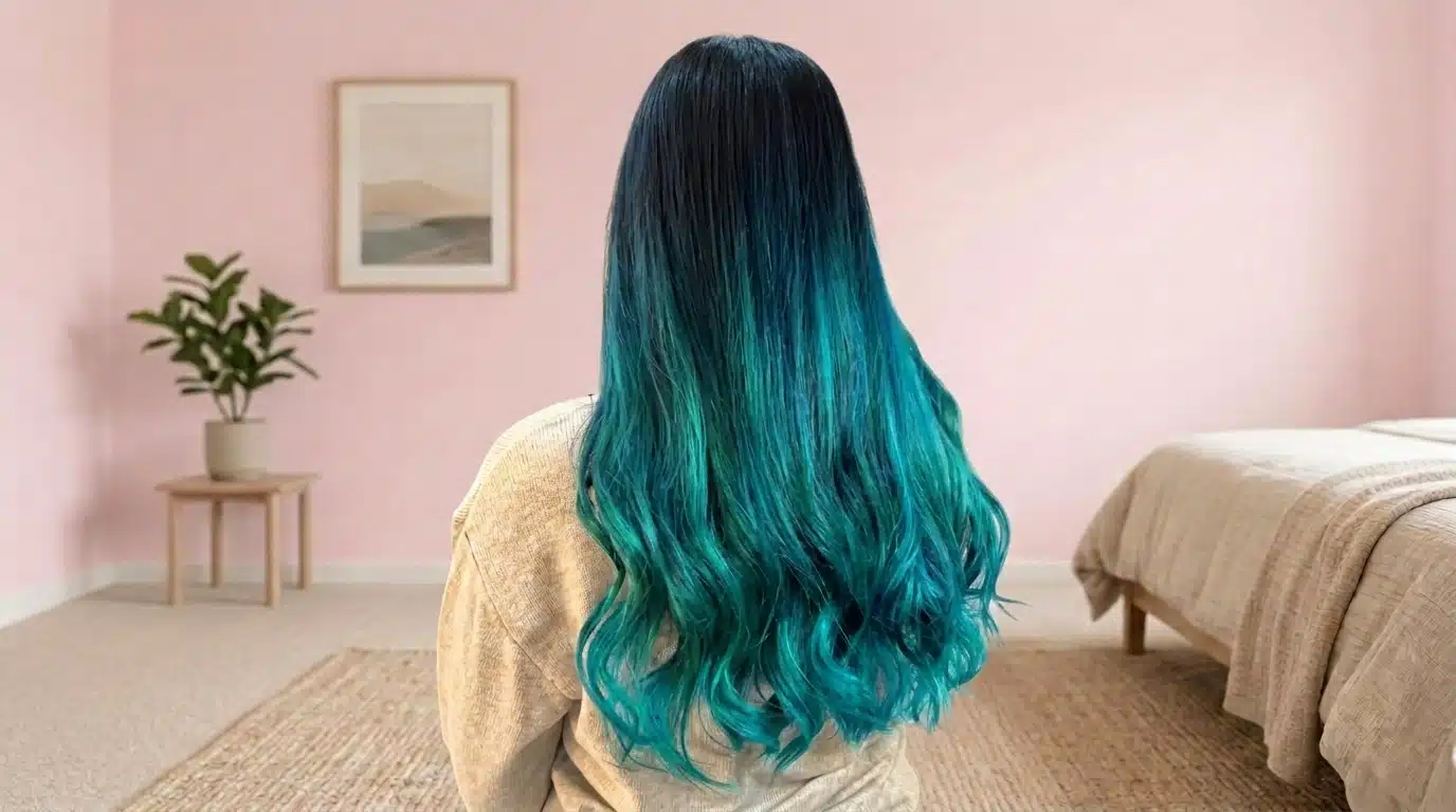Female with mermaid blue green highlights in layered black hair.