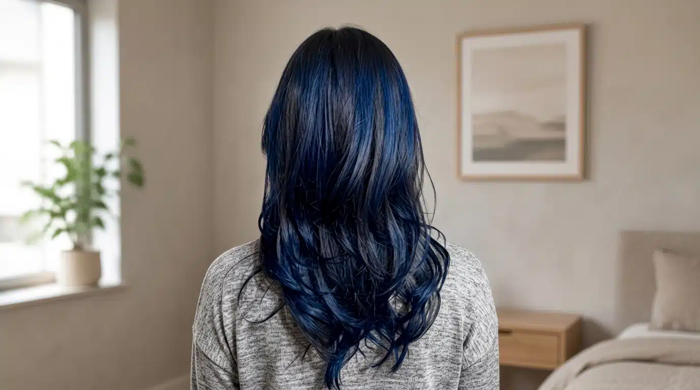 Female with midnight blue strands woven through long black hair.