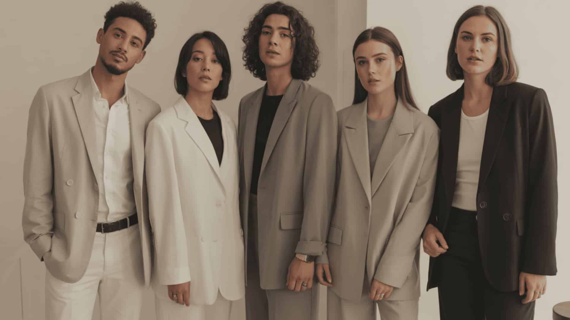 Minimalist chic fashion with tailored blazers, neutral tones, clean lines, and modern structured outfits