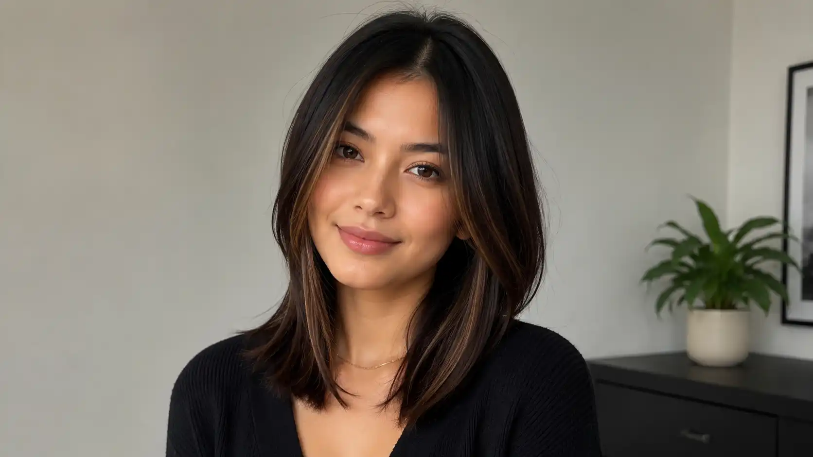 Black hair with mid-length mocha highlights, straight hair.