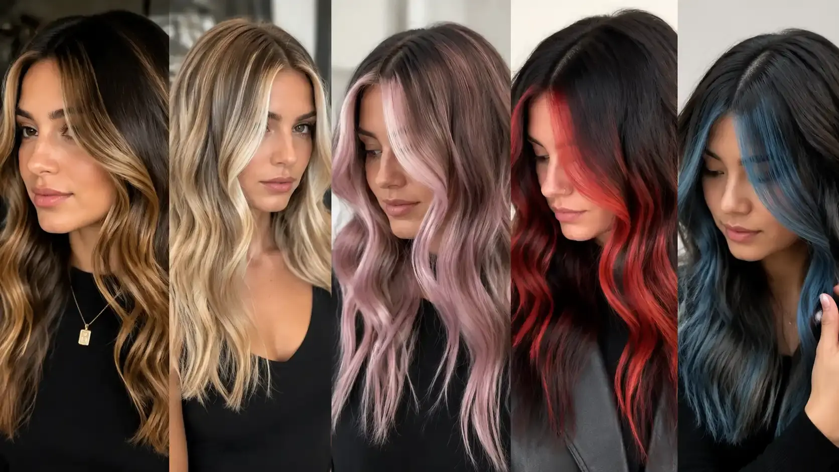 Collage of five women showing money piece hair variations in caramel, blonde, pastel pink, red, and blue highlights against neutral backgrounds.