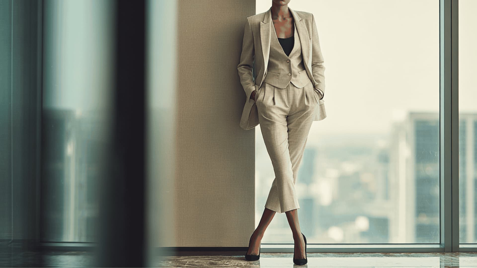 Woman in a beige three-piece suit standing with hands in pockets by a window