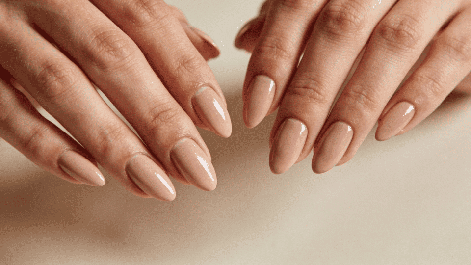 Hands showing almond-shaped nude nails with glossy finish, clean polished look for everyday wear.
