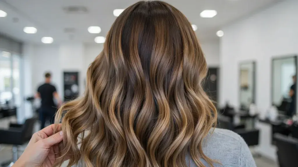 Back view of long wavy hair with a smooth transition from dark brown roots to light caramel brown highlights.