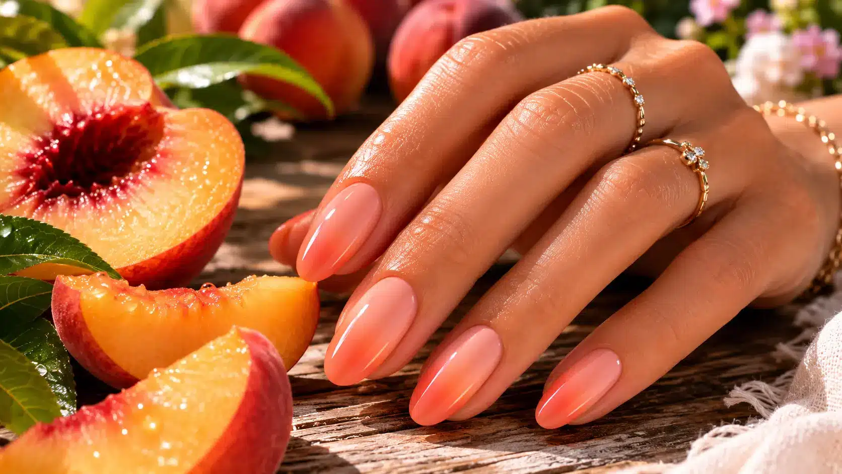 Peach and coral ombre nails in warm summer tones