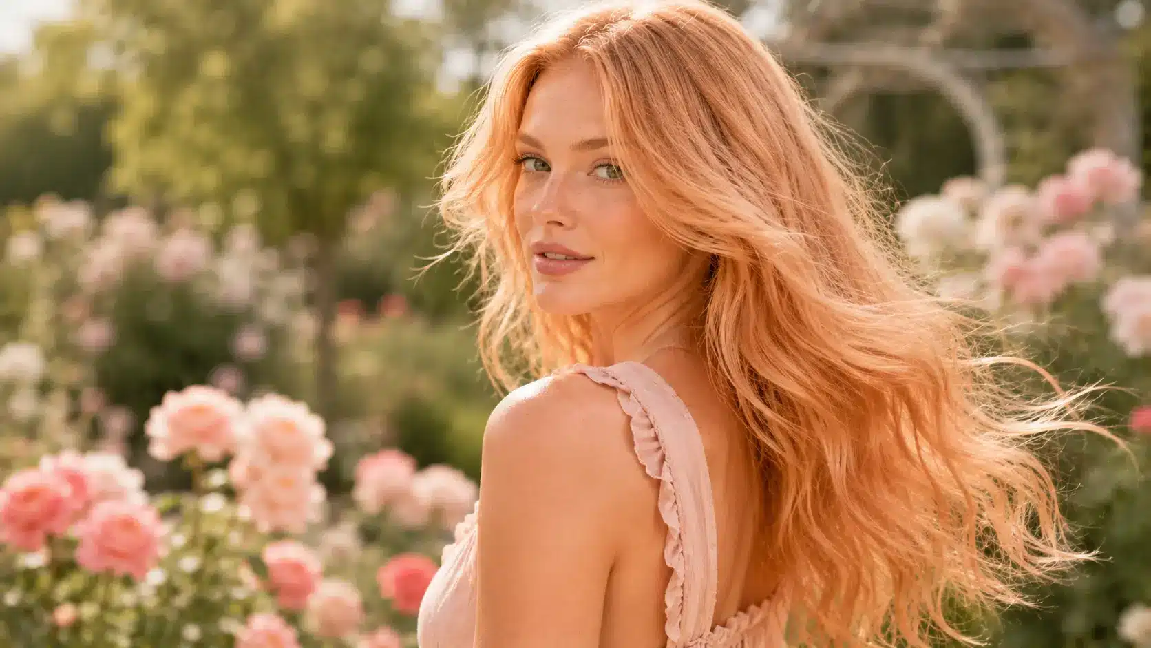 Peach strawberry blonde hair in a romantic garden setting