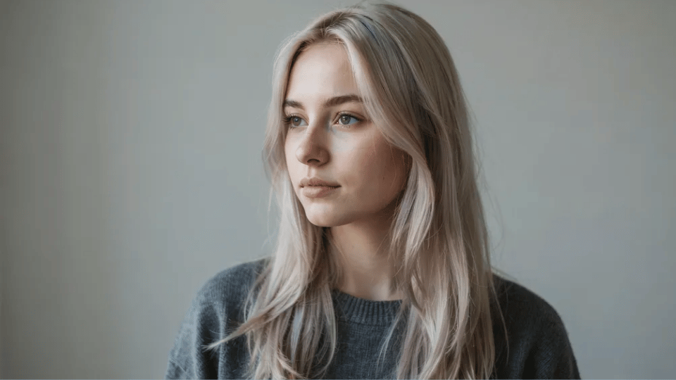 Woman with long pearlescent platinum blonde hair with shimmering silver and lavender highlights.