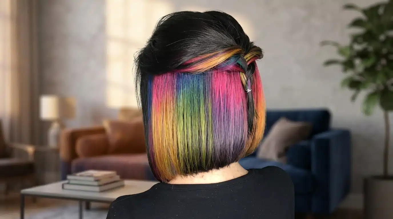 Female with peekaboo rainbow panels hidden under black hair layers in indoor setting portrait scene.