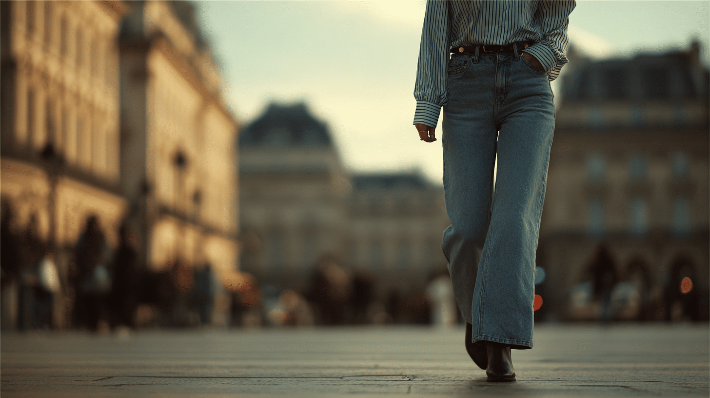 Person walking on city street, wearing jeans and striped shirt, low angle, blurred urban background