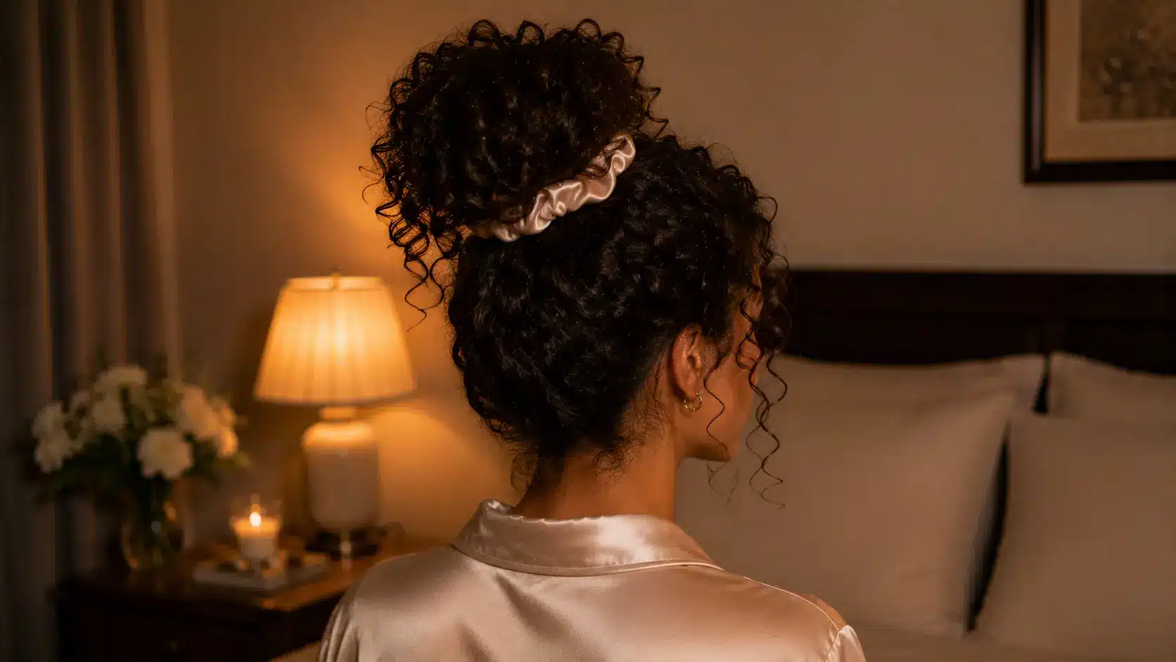 Pineapple hairstyle protecting curly hair while sleeping