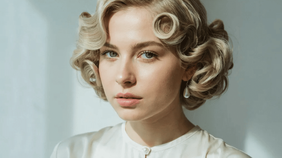 Woman with short-medium platinum blonde hair styled in sculpted vintage finger waves.