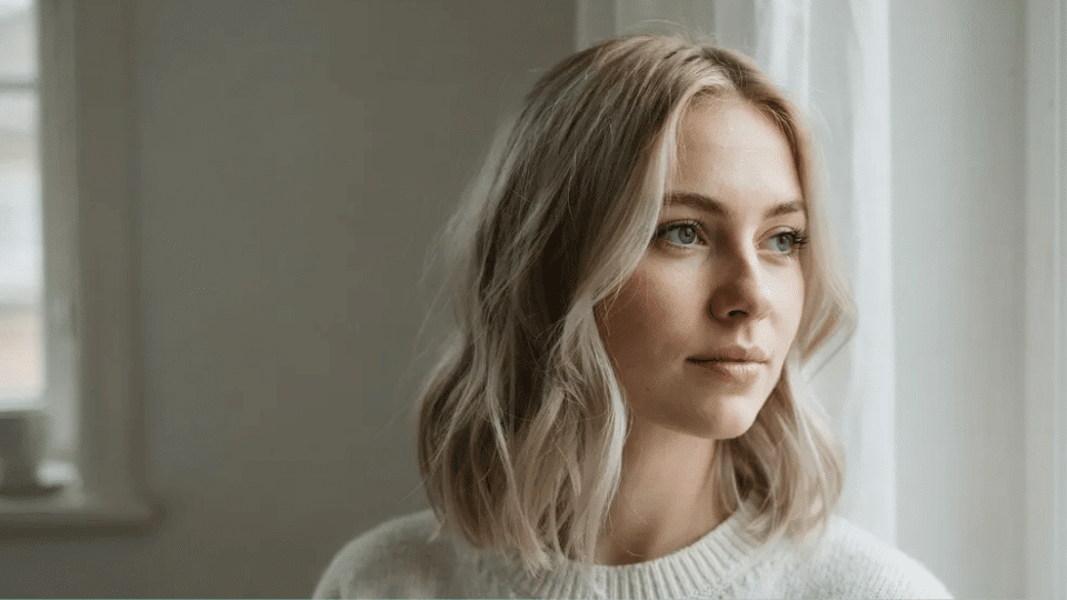 Woman with medium-length platinum blonde lob featuring soft balayage waves.