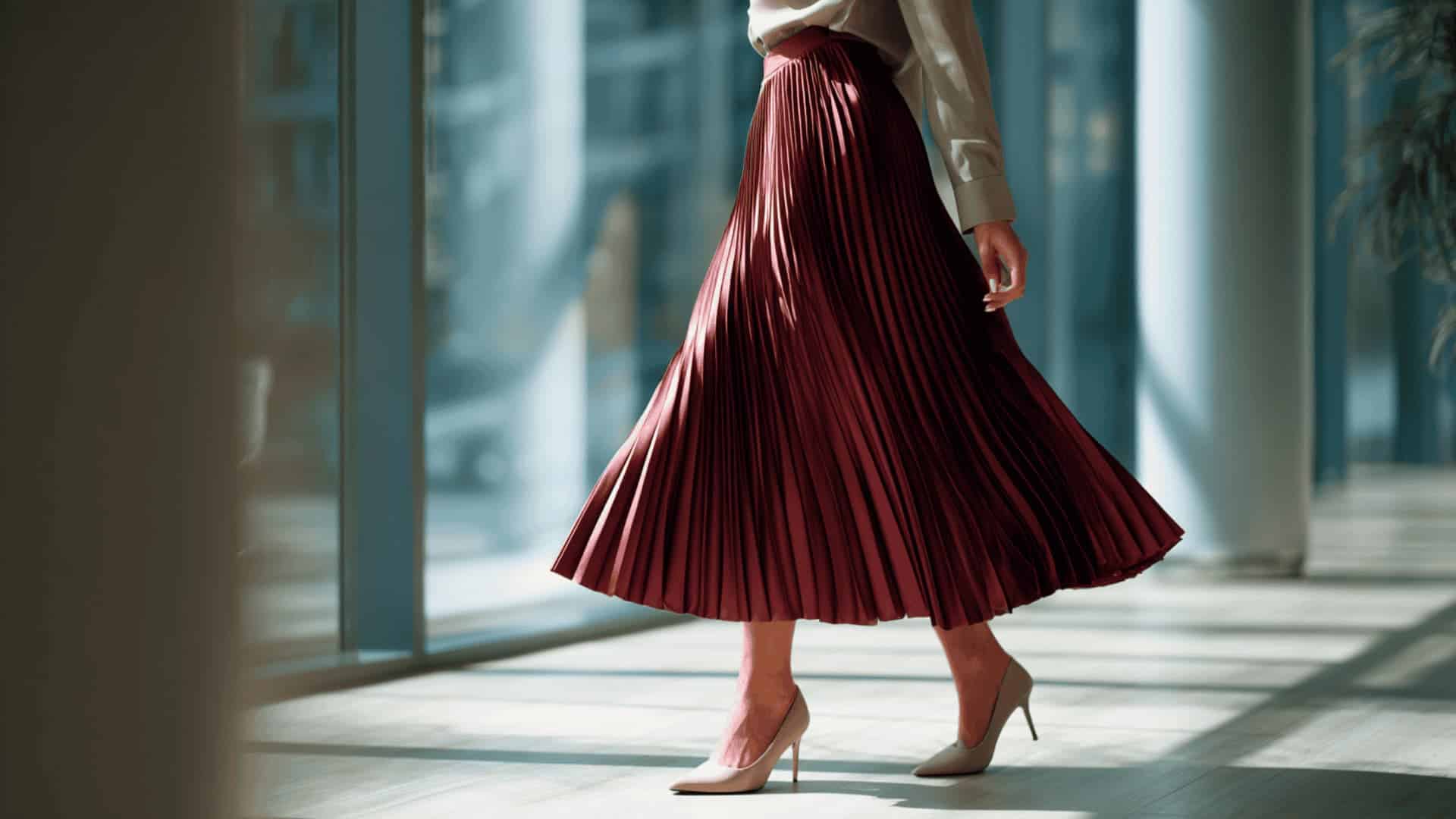 Red pleated midi skirt with heels