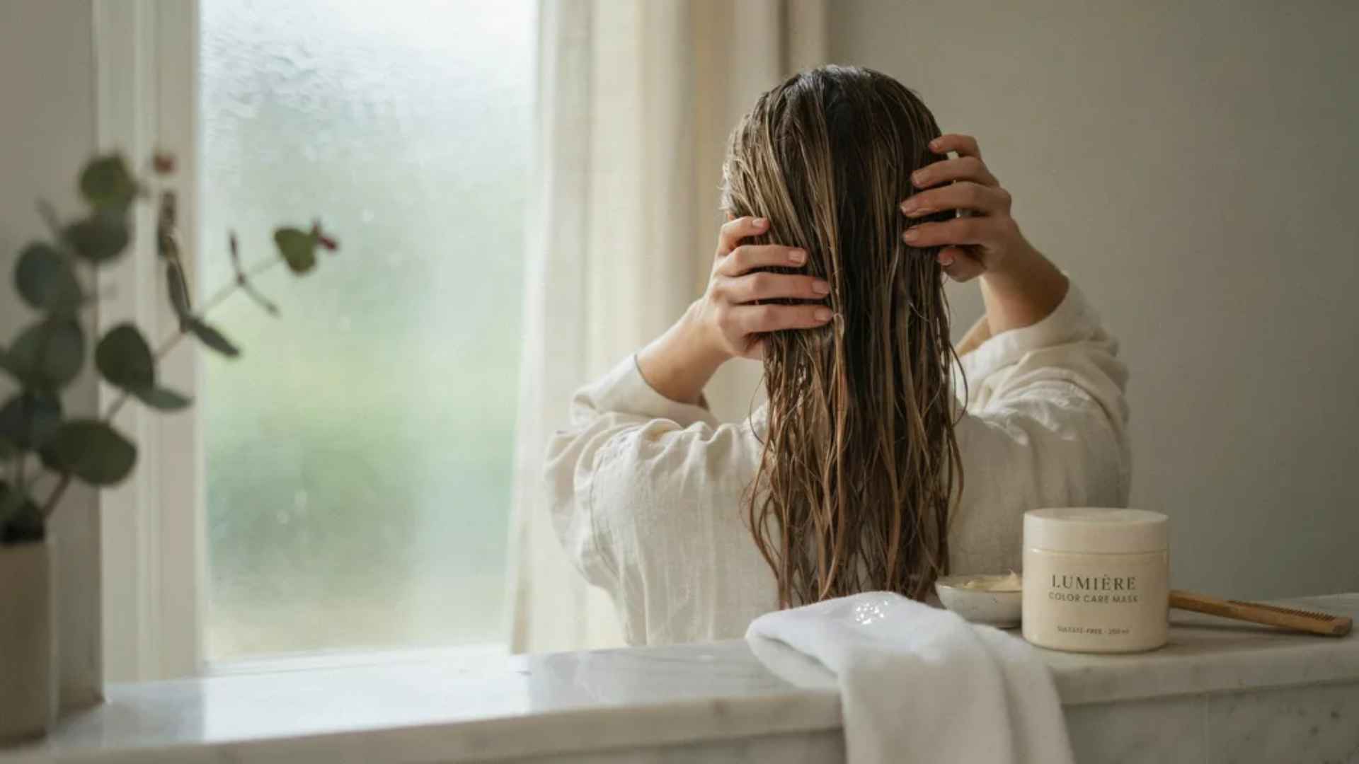 back view of woman washing and conditioning freshly toned hair showing shiny smooth healthy strands