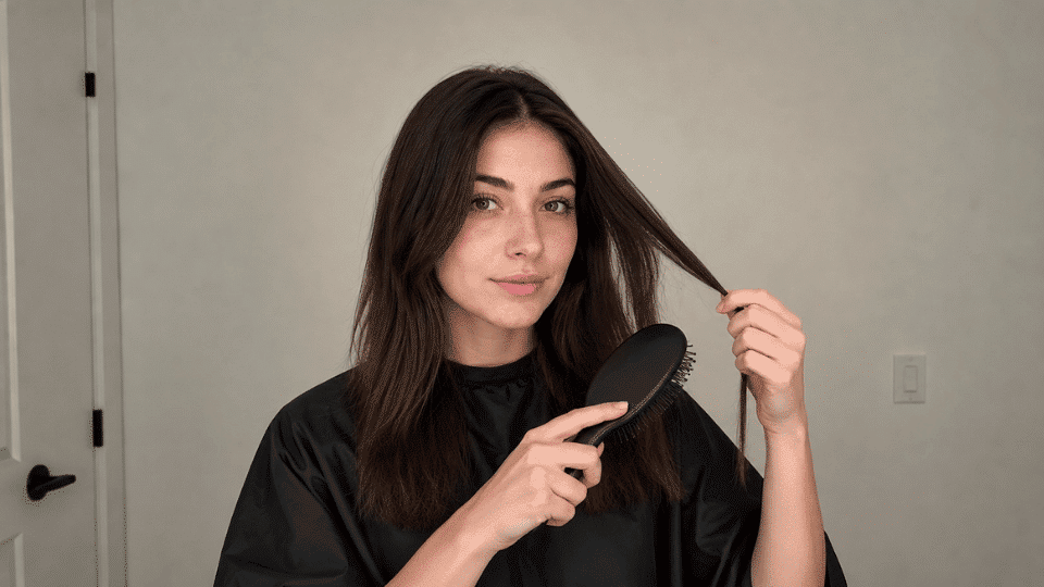 Woman combing and detangling hair, preparing for bleaching