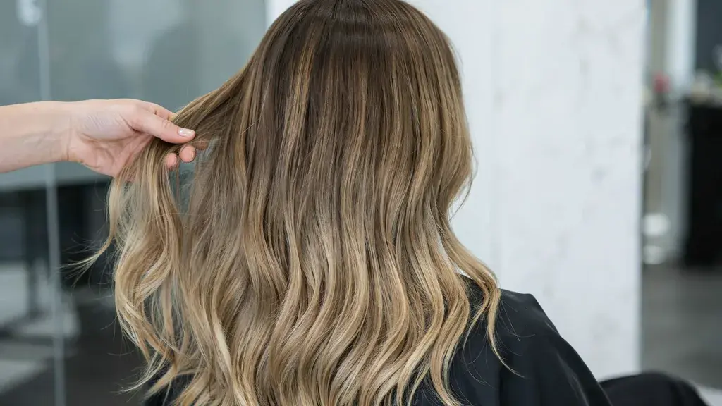 Back view of wavy brown hair fading into blonde balayage, with a hand lifting a strand.