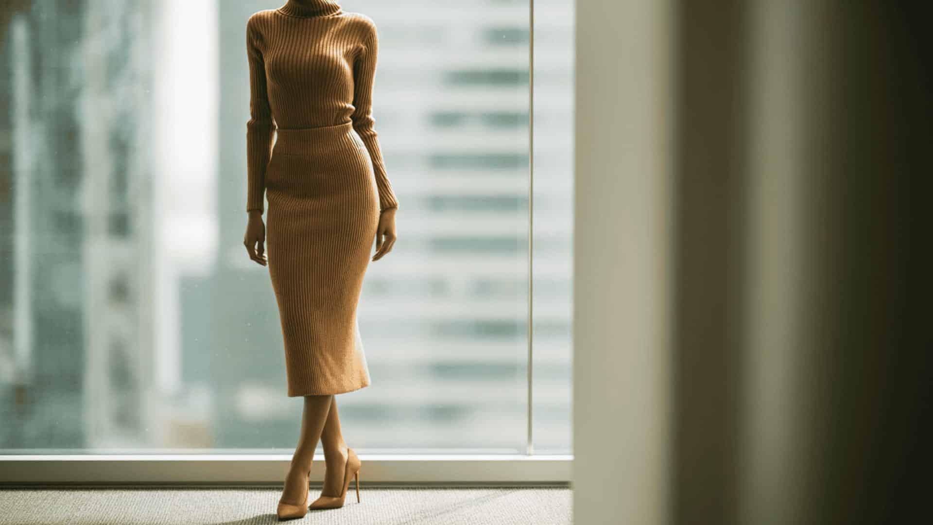 Woman in a camel fine-knit turtleneck tucked into a fitted midi skirt
