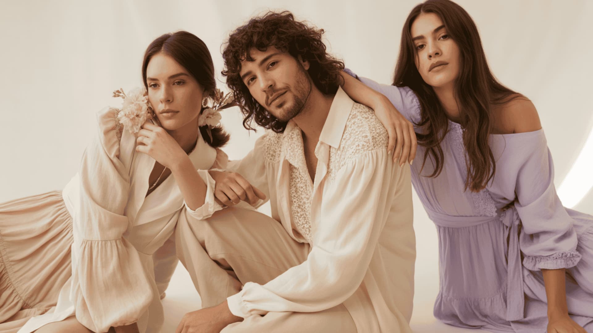 Romantic style outfits with soft pastel tones, flowy dresses, delicate fabrics, and feminine details