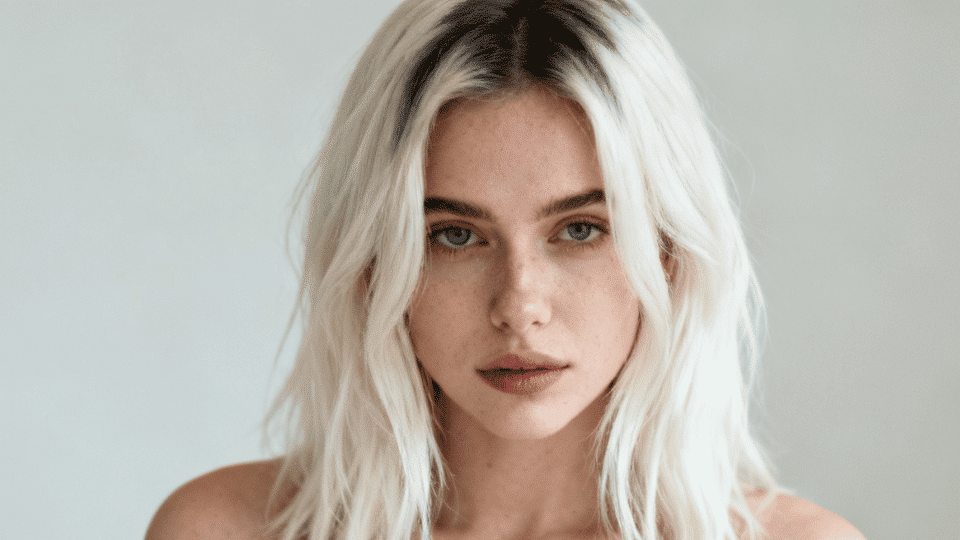 Woman with platinum blonde hair featuring soft root smudge blending into bright ends.