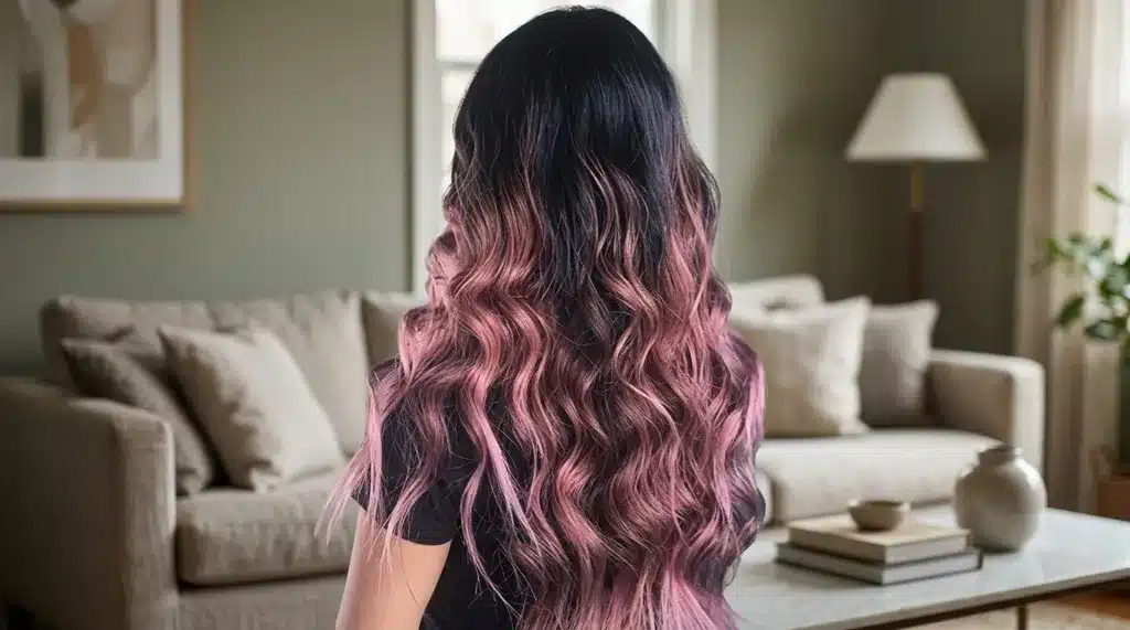 Female with rose gold streaks adding soft metallic shine to dark hair.