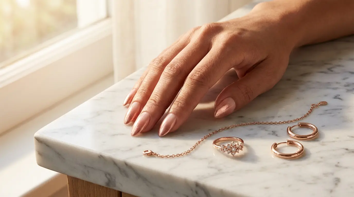 Rose gold ombre nails with metallic gradient