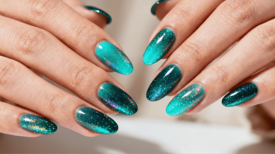 Hands with almond nails in turquoise-to-teal gradient with glitter, glossy finish, ocean-inspired look.