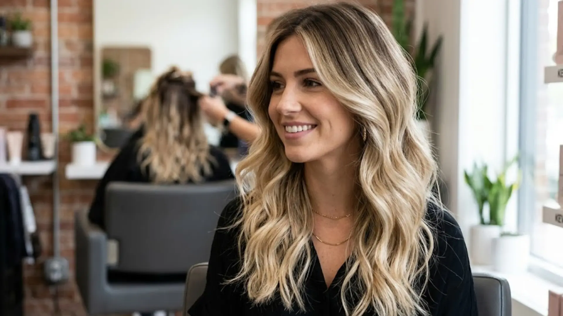 woman in a salon showing a blonde shadow root hair color technique with a seamless, gradual fade from the roots.