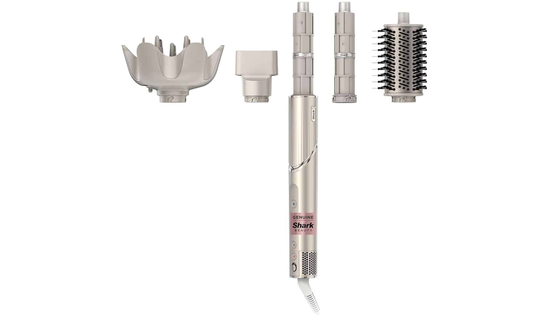 Shark FlexStyle hair dryer with curl-defining diffuser attached, shaping and enhancing natural curly hair
