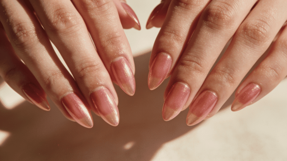 Hands featuring almond nails in sheer rose tint with glossy finish, feminine and delicate look.