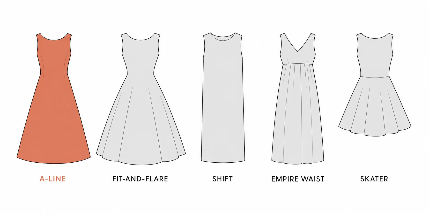 Side-by-side illustration comparing five dress silhouettes A-line, fit-and-flare, shift, empire waist, and skater, with the A-line highlighted