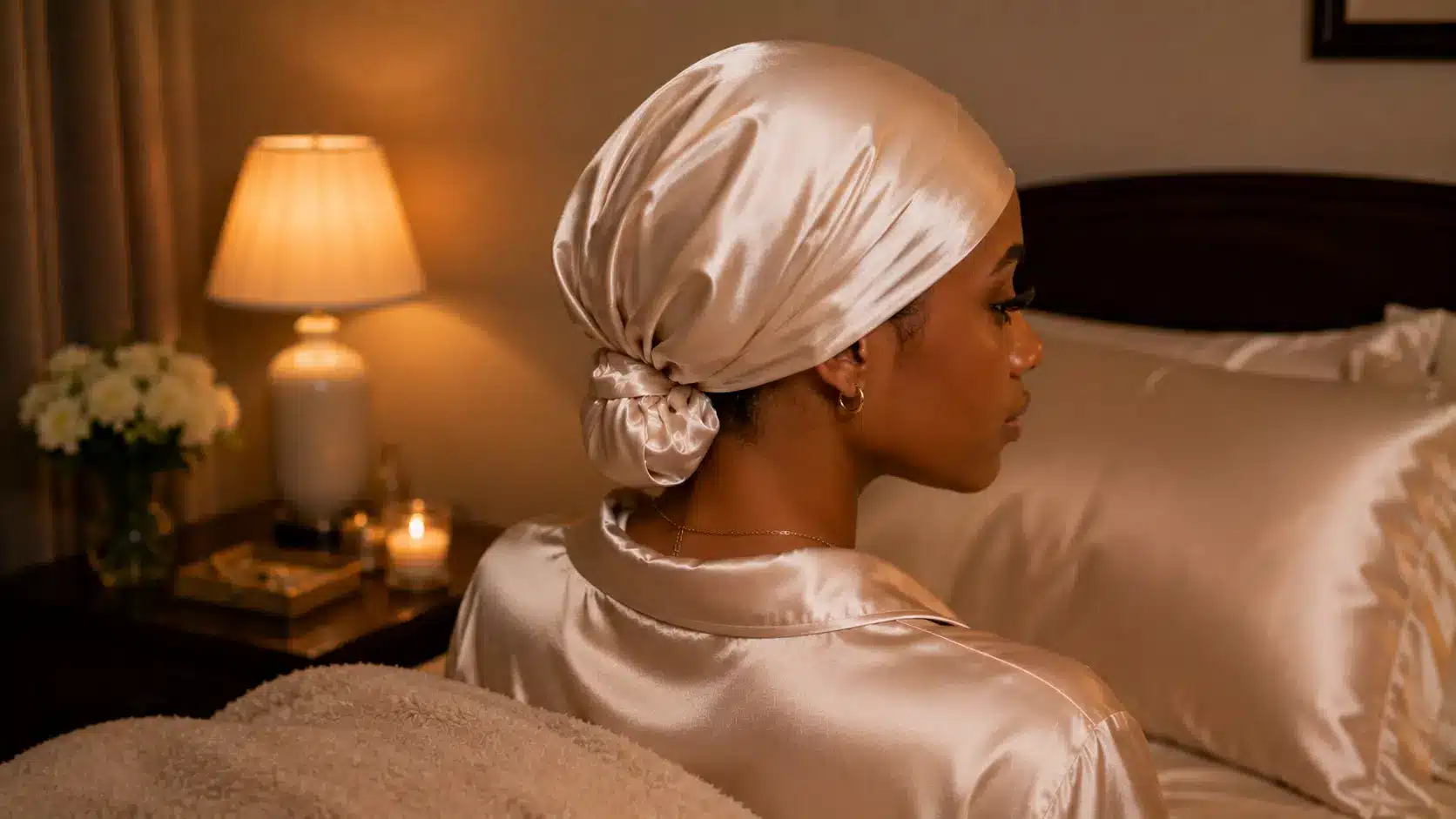 Silk scarf wrap protecting hair from friction and breakage overnight