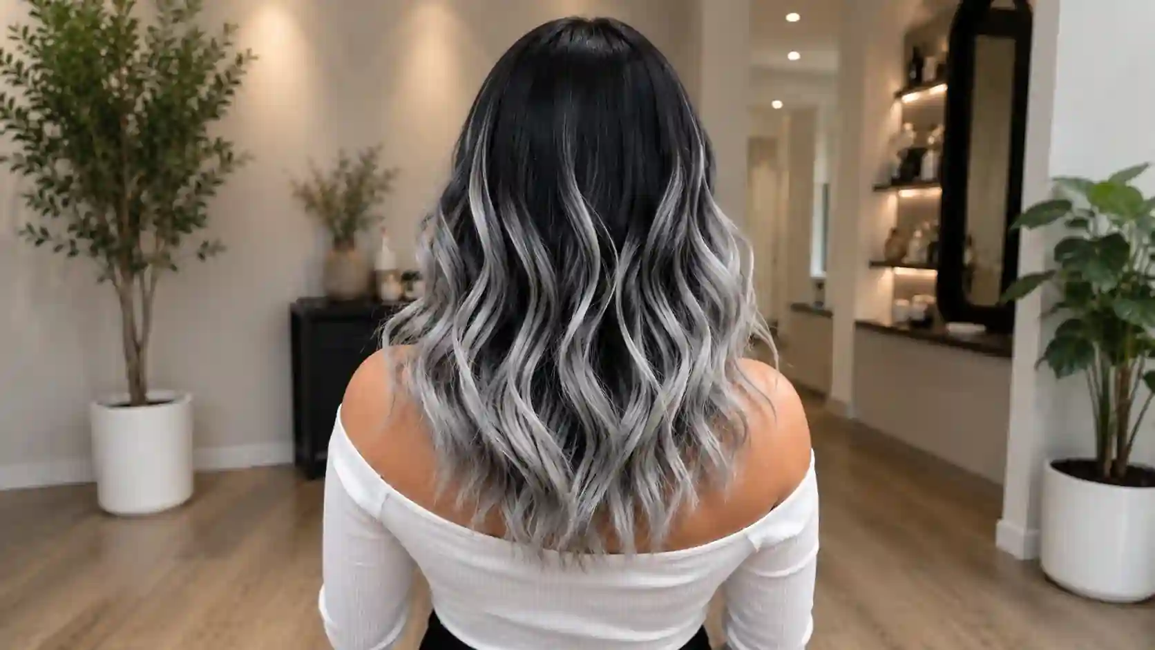 Back view of medium-length black hair with silver-grey balayage in soft waves indoors.