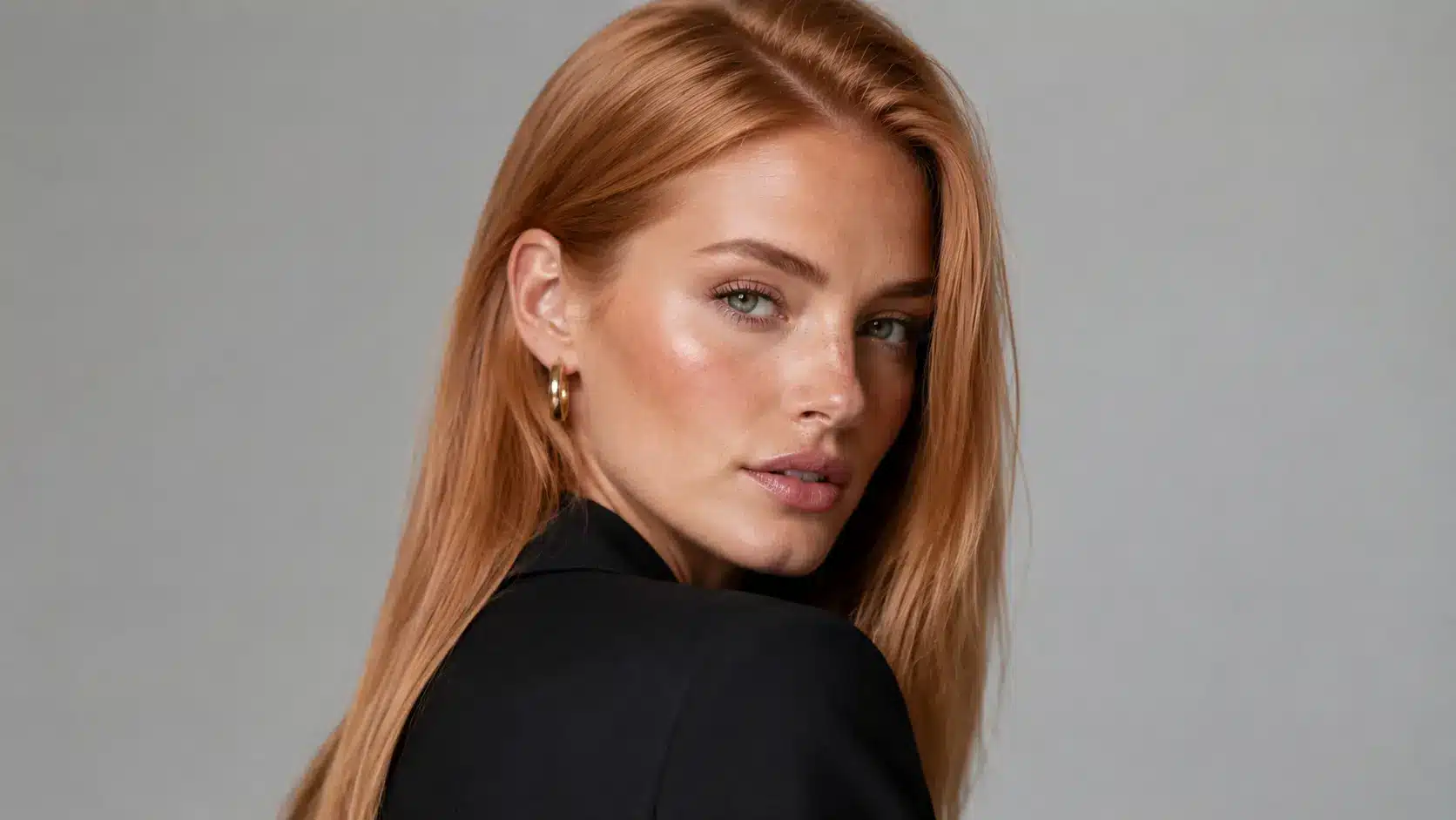 Sleek ash strawberry blonde hair in a modern studio portrait