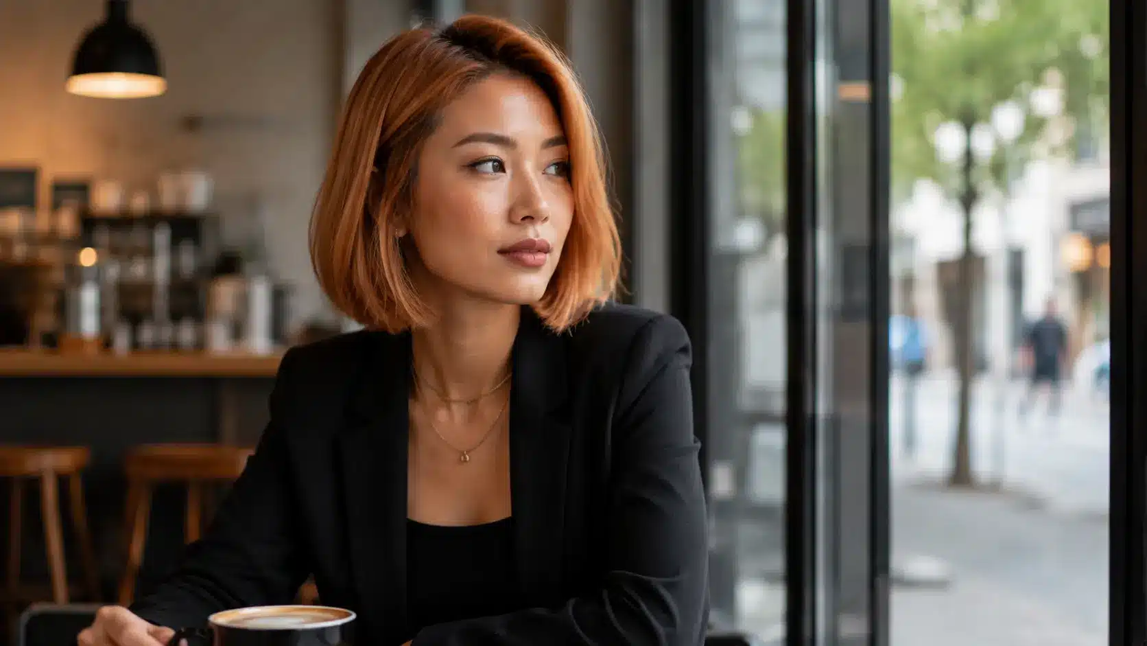 Sleek strawberry blonde bob haircut