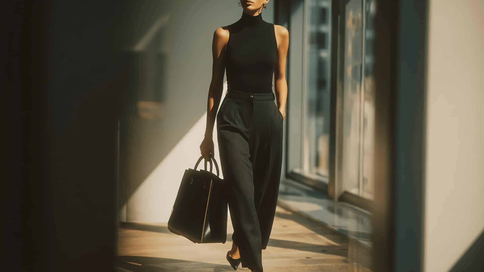 Woman in a black sleeveless turtleneck with wide-leg trousers