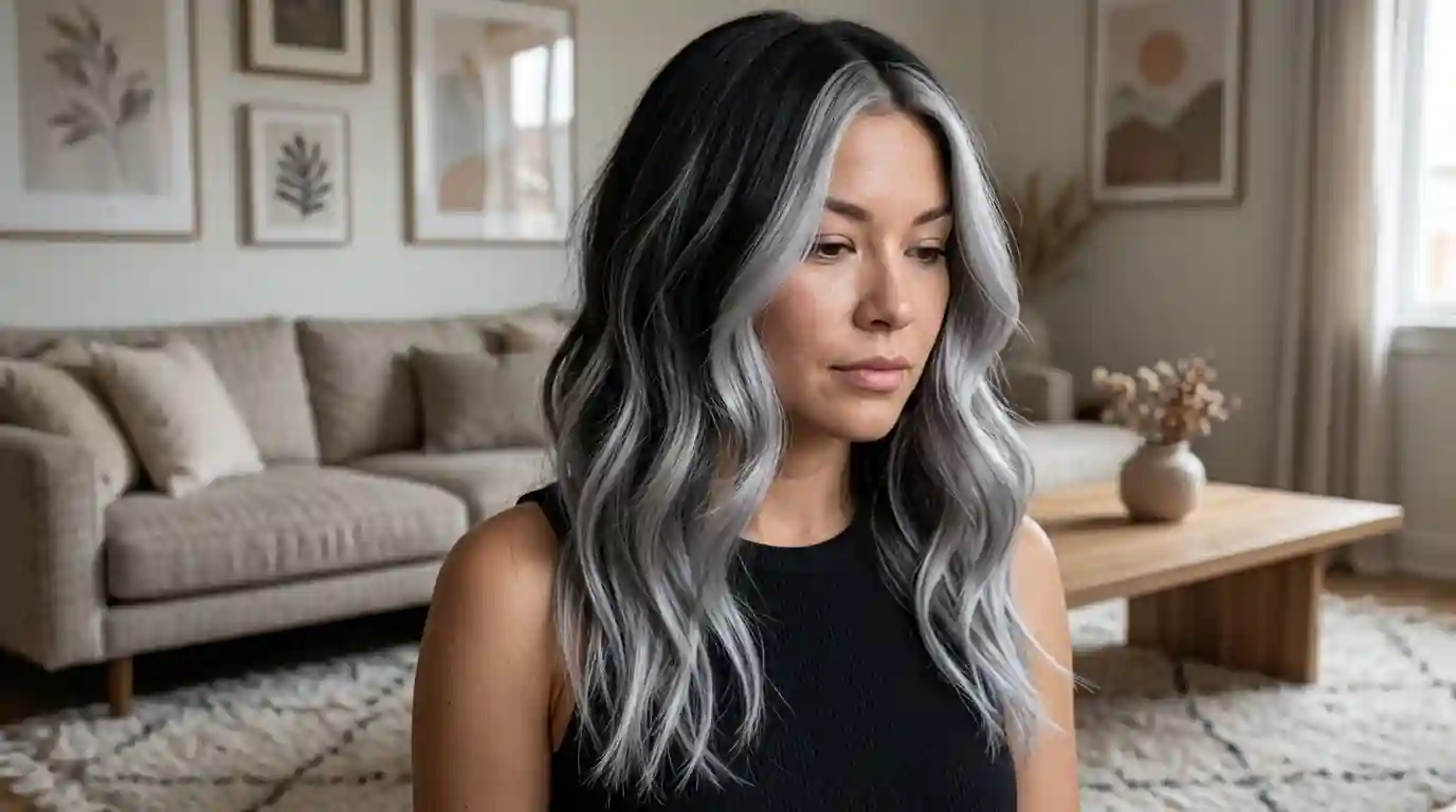 Medium-length black hair with smoky grey ribbon highlights in soft waves