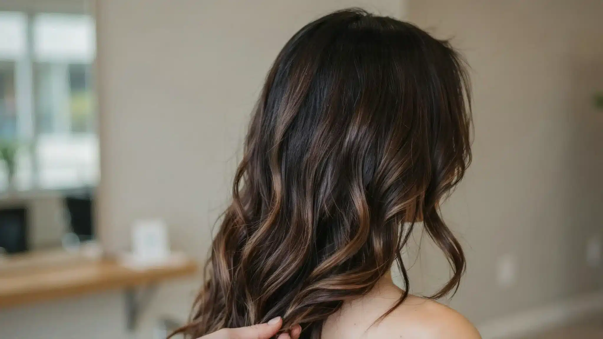 Black hair with soft chocolate balayage from mid-lengths to ends.