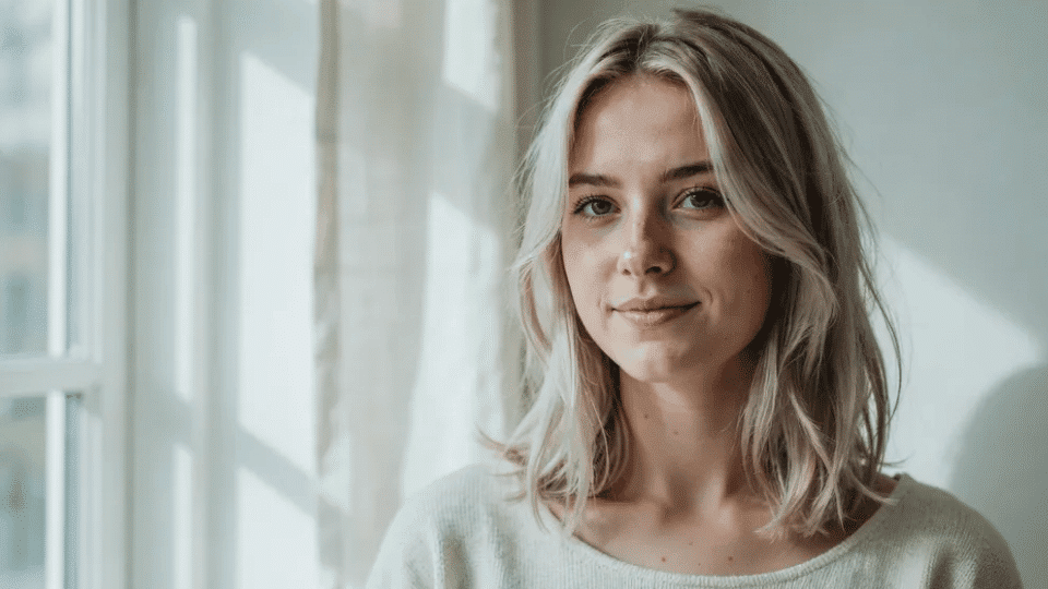 Woman with soft-rooted platinum blonde hair showing a gradual natural root fade.