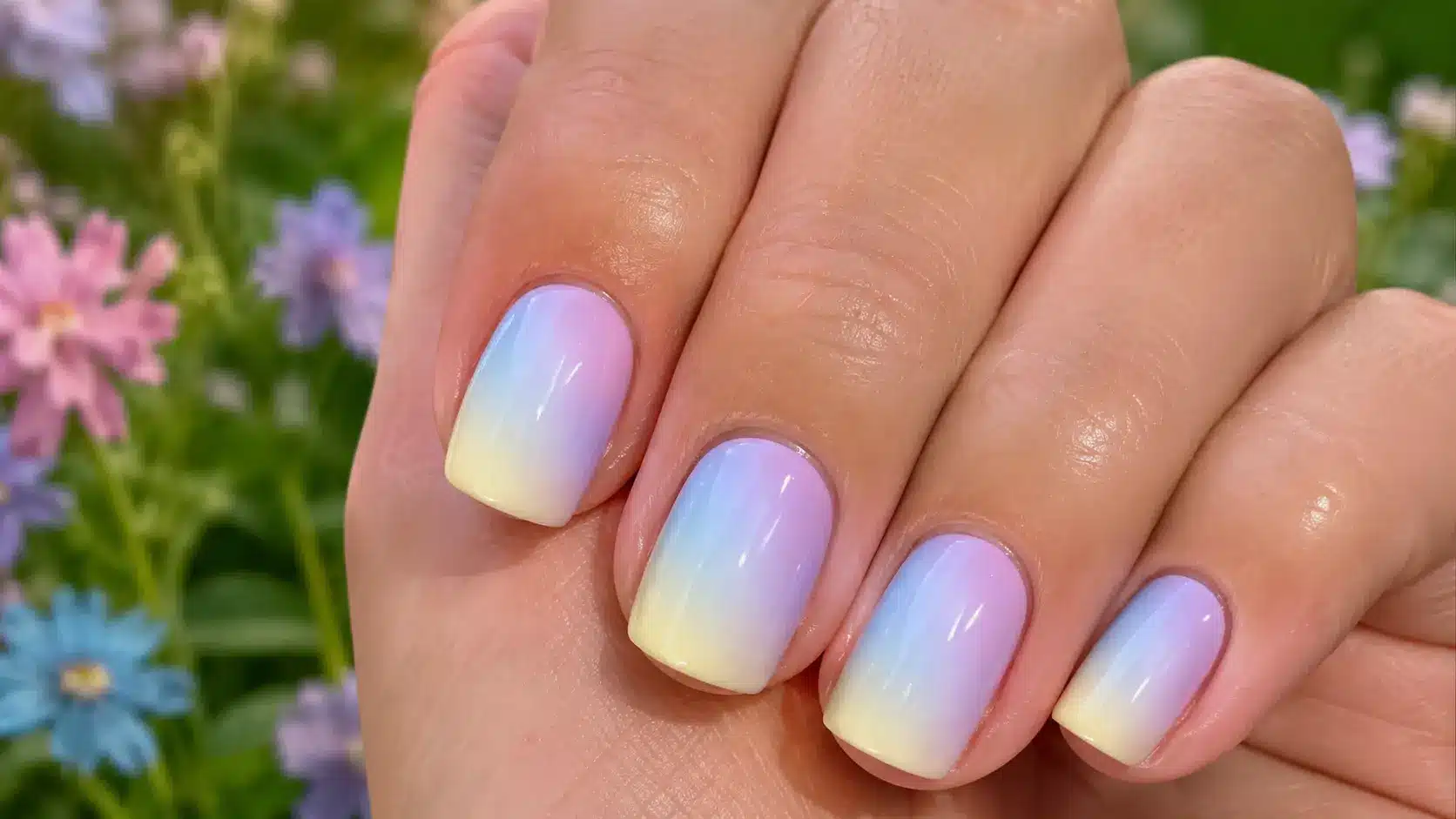 Soft pastel ombre nails with blue, lilac, and yellow gradient
