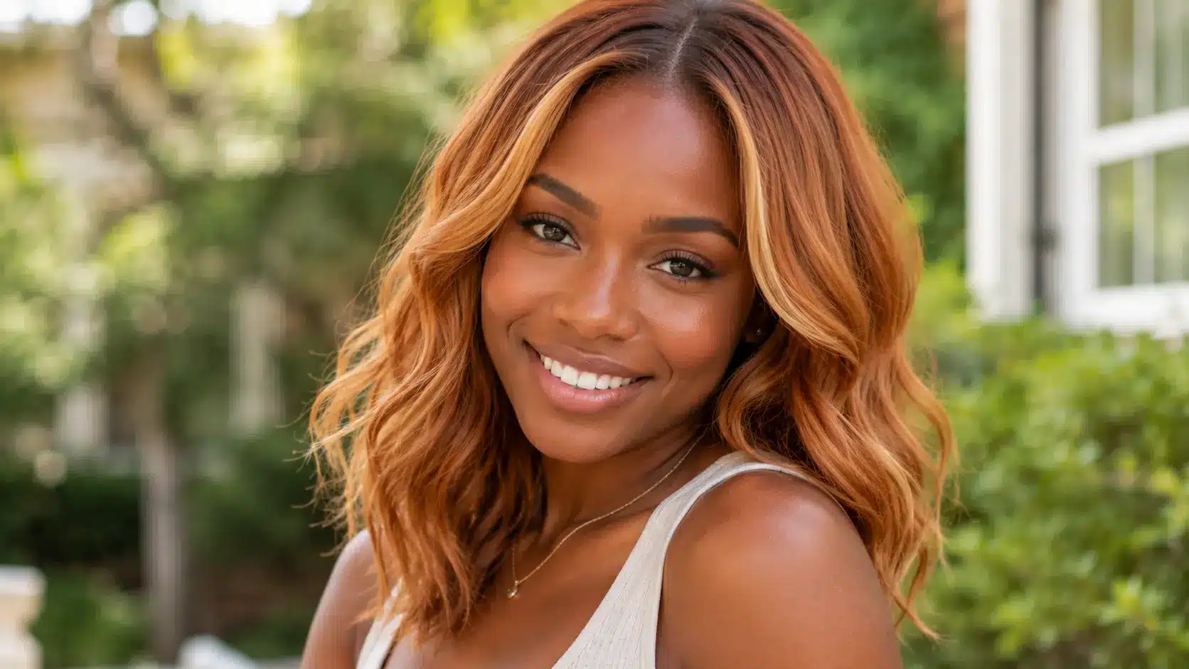 Strawberry blonde hair with face-framing highlights