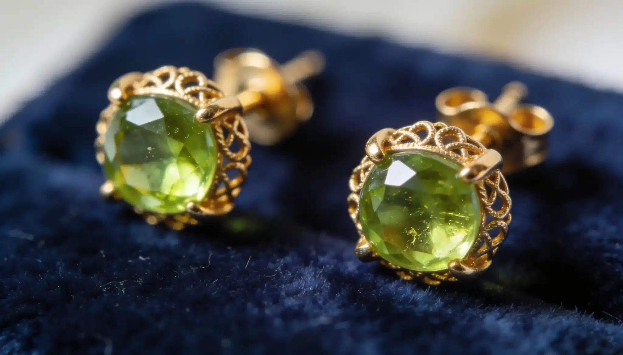 Gold stud earrings with bright green gemstone in filigree setting.