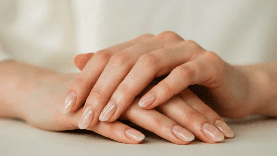 Almond-shaped nails with subtle ivory-to-blush ombré, polished gradient perfect for special occasions.